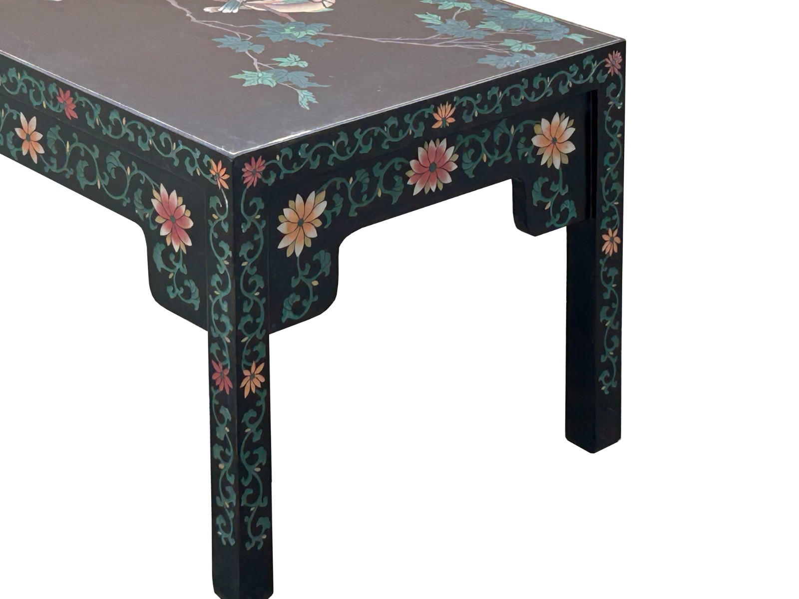 Chinese Black Lacquer Flower Birds Graphic Rectangular Low Coffee Table GB144