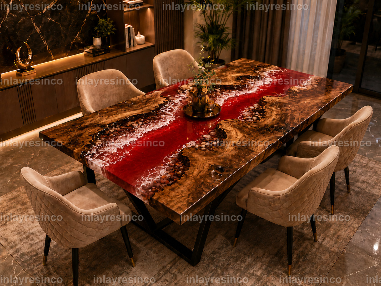 Ruby Red Ocean Wave Epoxy Resin Dining Table, Live Edge Wood River Table,