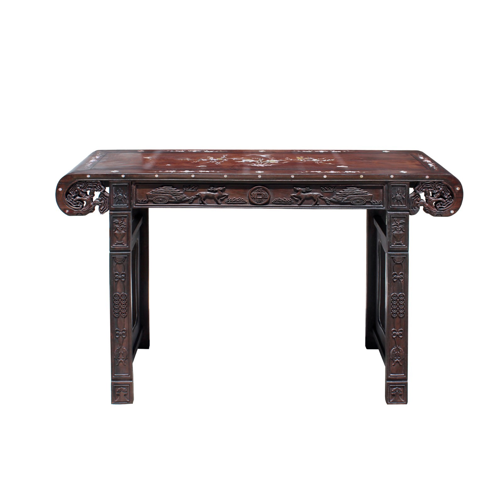 Chinese Brown Huali Rosewood Scroll Inlay Deer Fortune Motif Altar Table cs4227