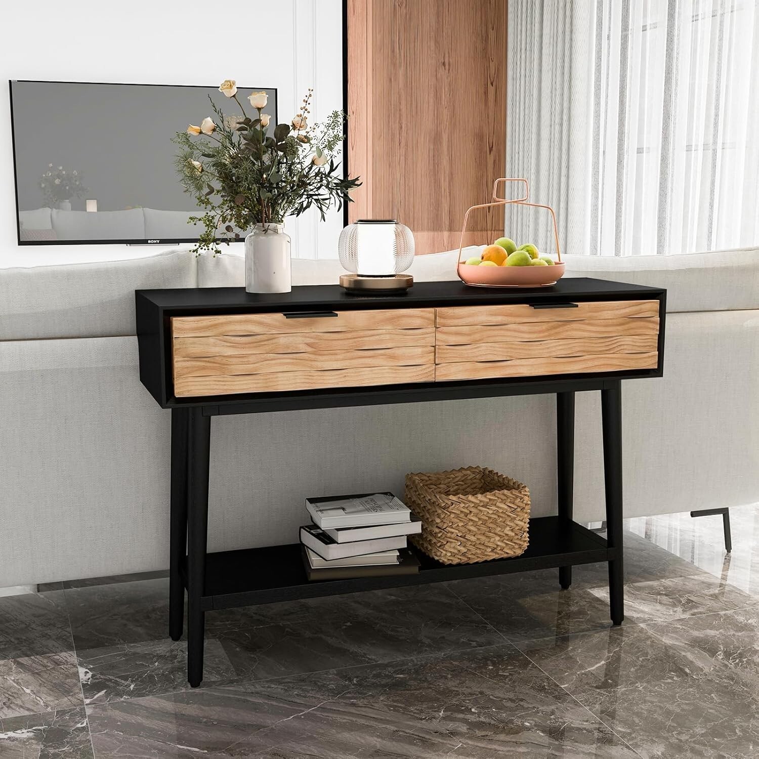 42 Inch Console Tables for Entryway with Storage Drawers Black and Natural