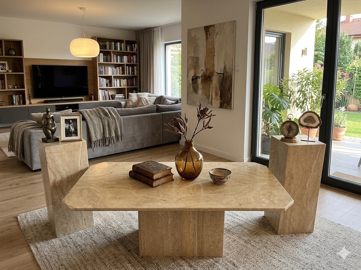 Beige Stone Rectangular Coffee Table Mid-Century Modern 47x30x28 in
