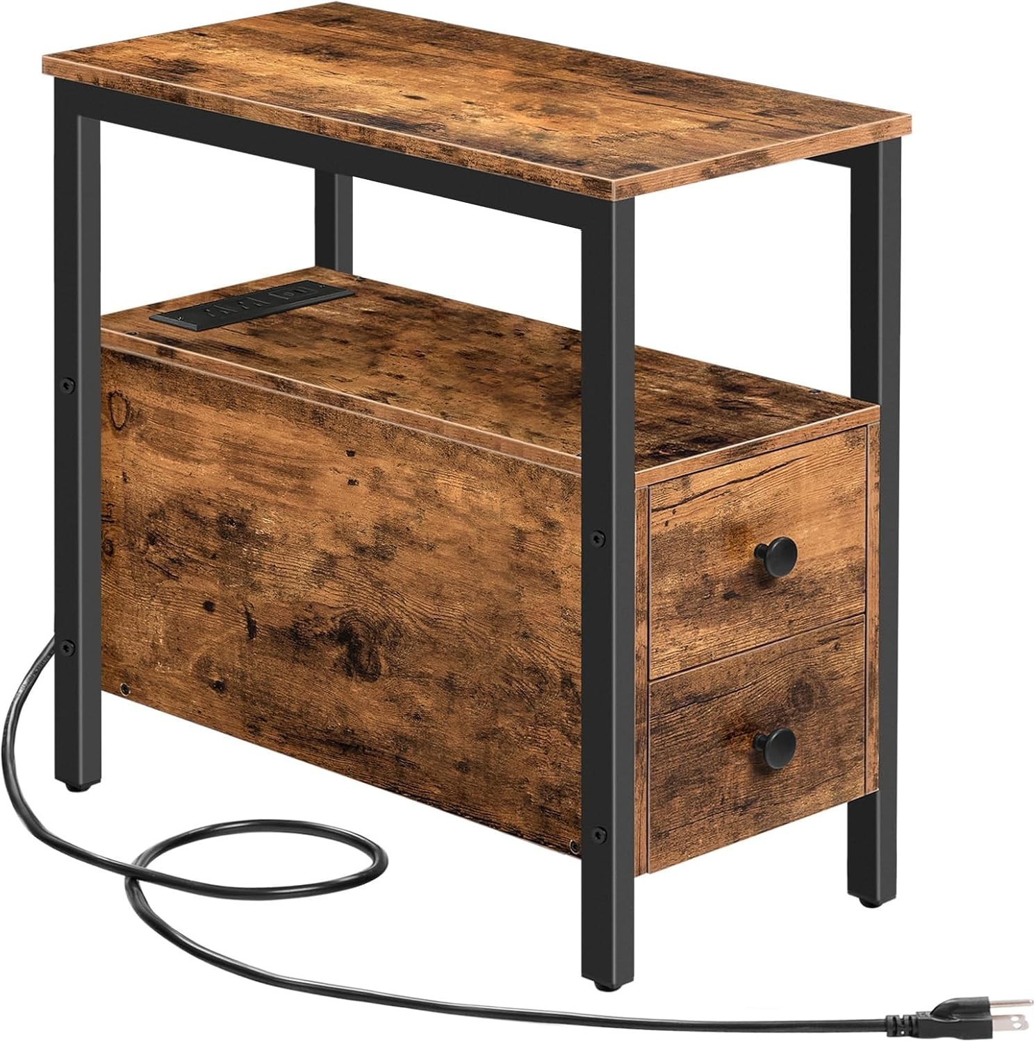 End Table with Charging Station, Narrow Side Table with 2 Drawer & USB Ports …