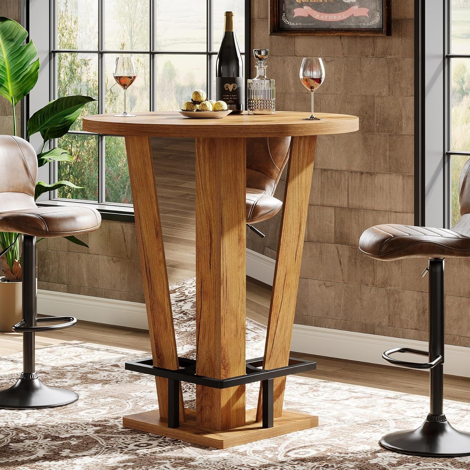 Round Bar Table, 39.4″ High Top Cocktail Bistro Pub Table with Metal Footrest