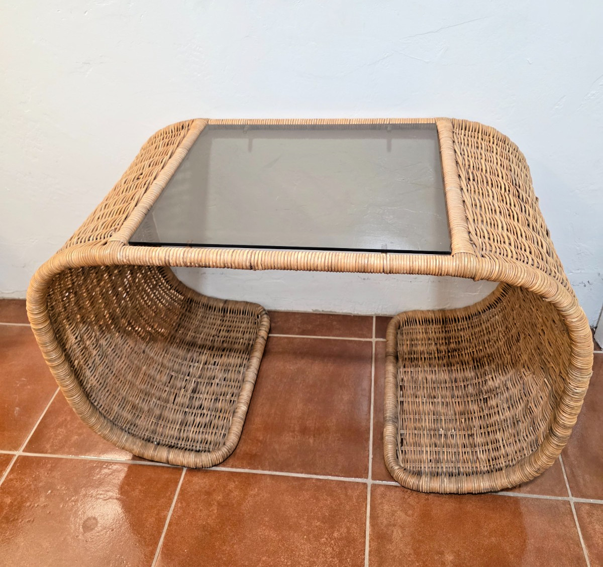 Vintage 1970s Wicker Waterfall Side End or Coffee Table Smoky Glass Top MCM Boho