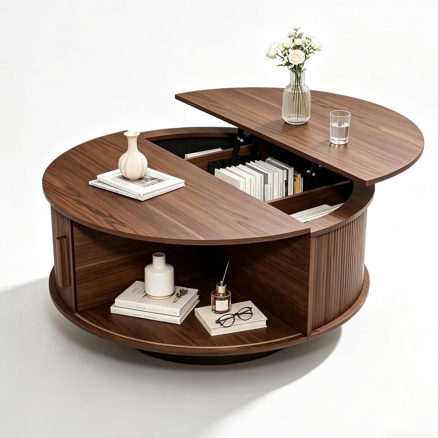 Lift Top Fluted Coffee Table with Storage/Hidden Compartment for Living Room