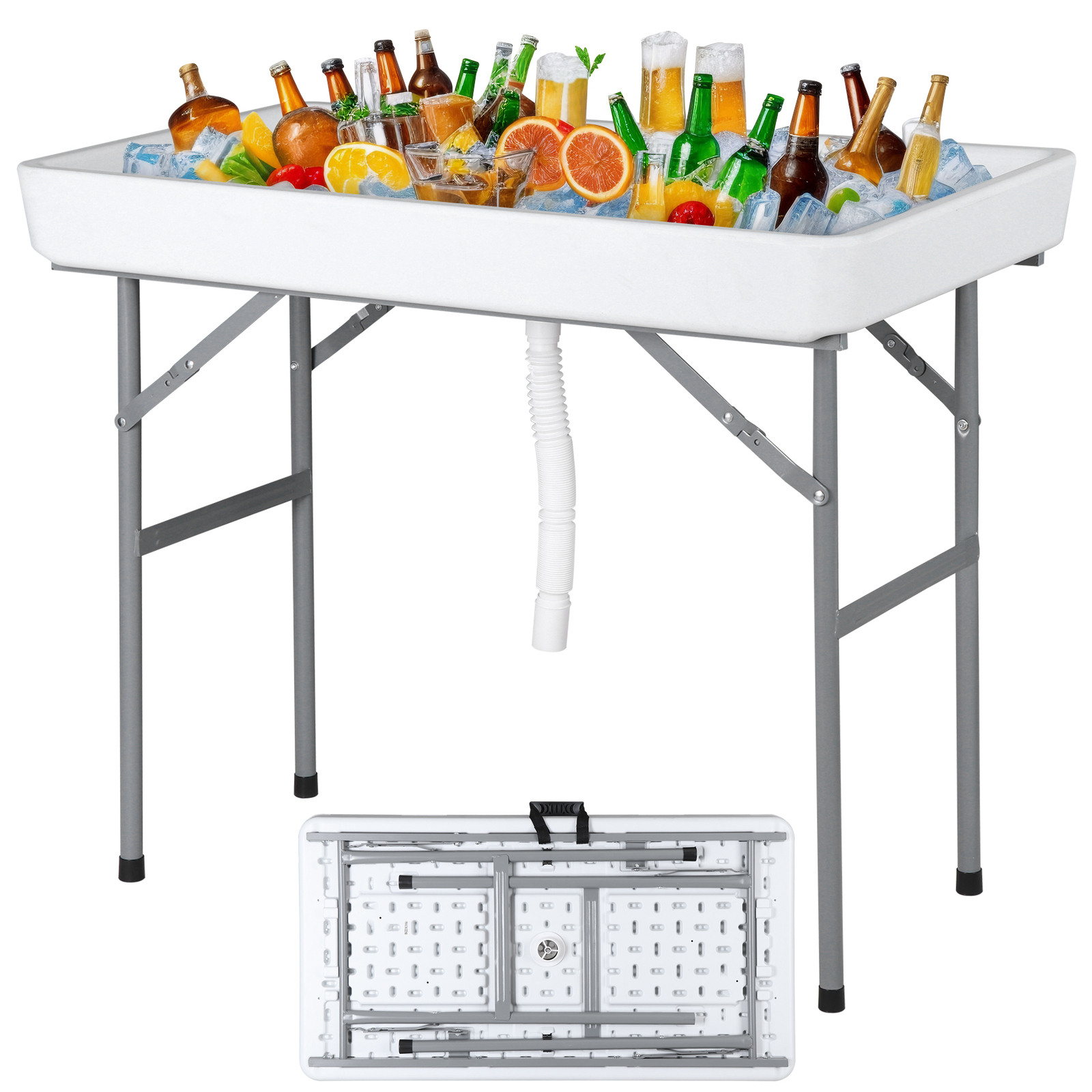 Party Ice Cooler Folding Table w/ 5L Bucket Portable Outdoor Cooler Table White