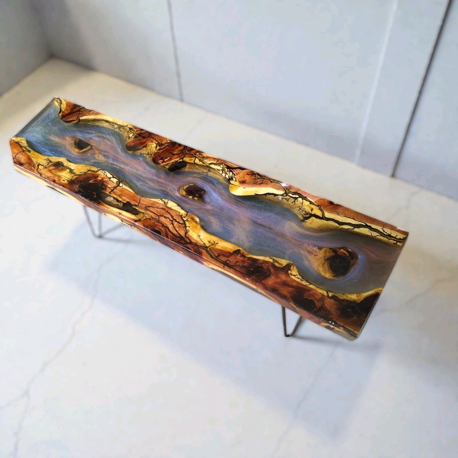 Red Cedar Epoxy Translucent River Table With Electricity Fracked Accents