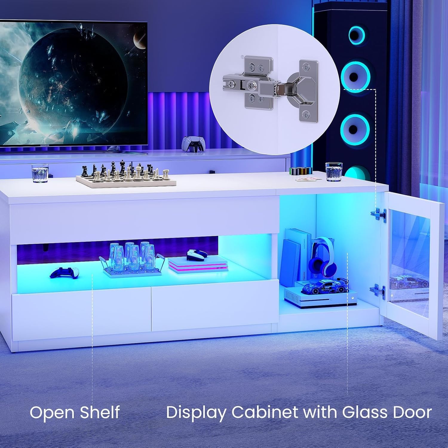 39.4″ Lift Top Coffee Table with Glass Storage Cabinet, Modern LED Coffee Table