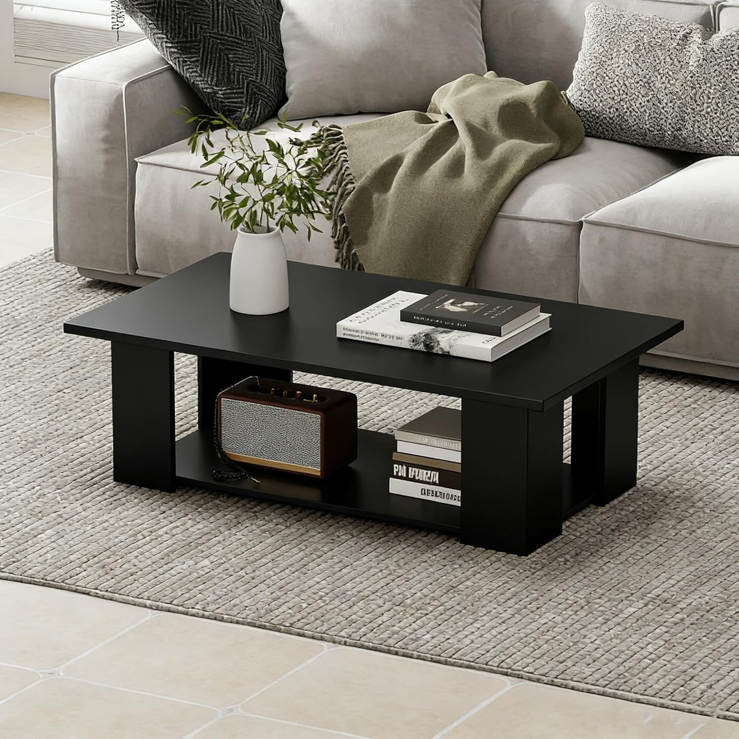 Modern 41″ Rectangle Wood Coffee Table with Open Compartment, Black Finish