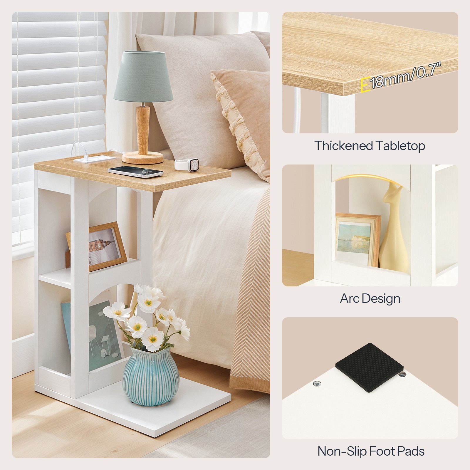 C-Shaped End Table w/ Charging Station Side Table Bedside Table White Natural