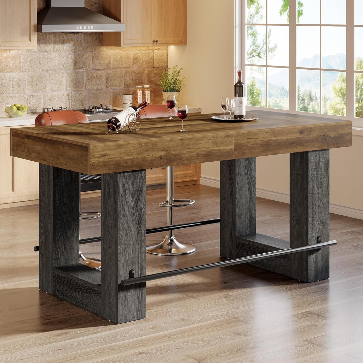 63-Inch Counter Height Bar Table, Industrial Rectangular Kitchen Island for Home