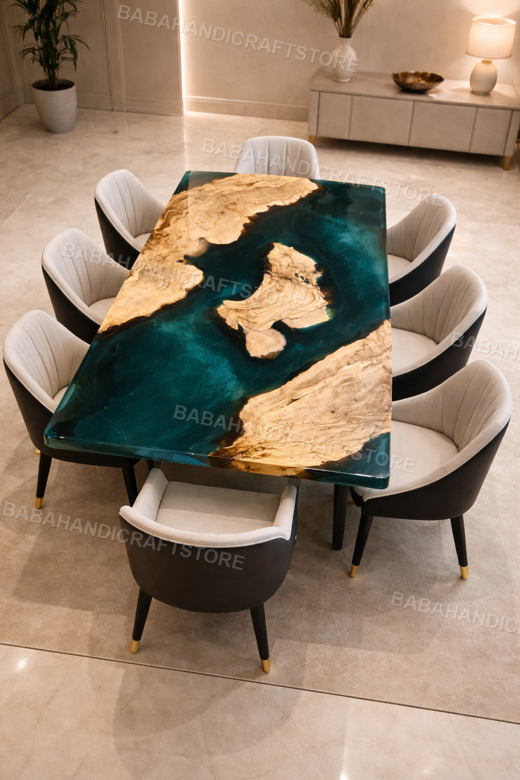 Teal Epoxy River Dining Table – Live Edge Wood Handmade Custom Luxury Table top