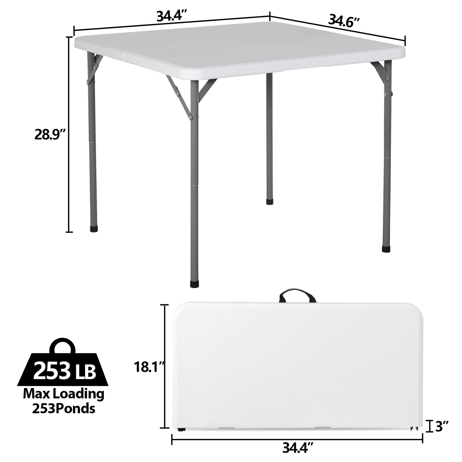 34″ Square Folding Card Table Fold-in-Half Utility Plastic Table w/Carry Handle