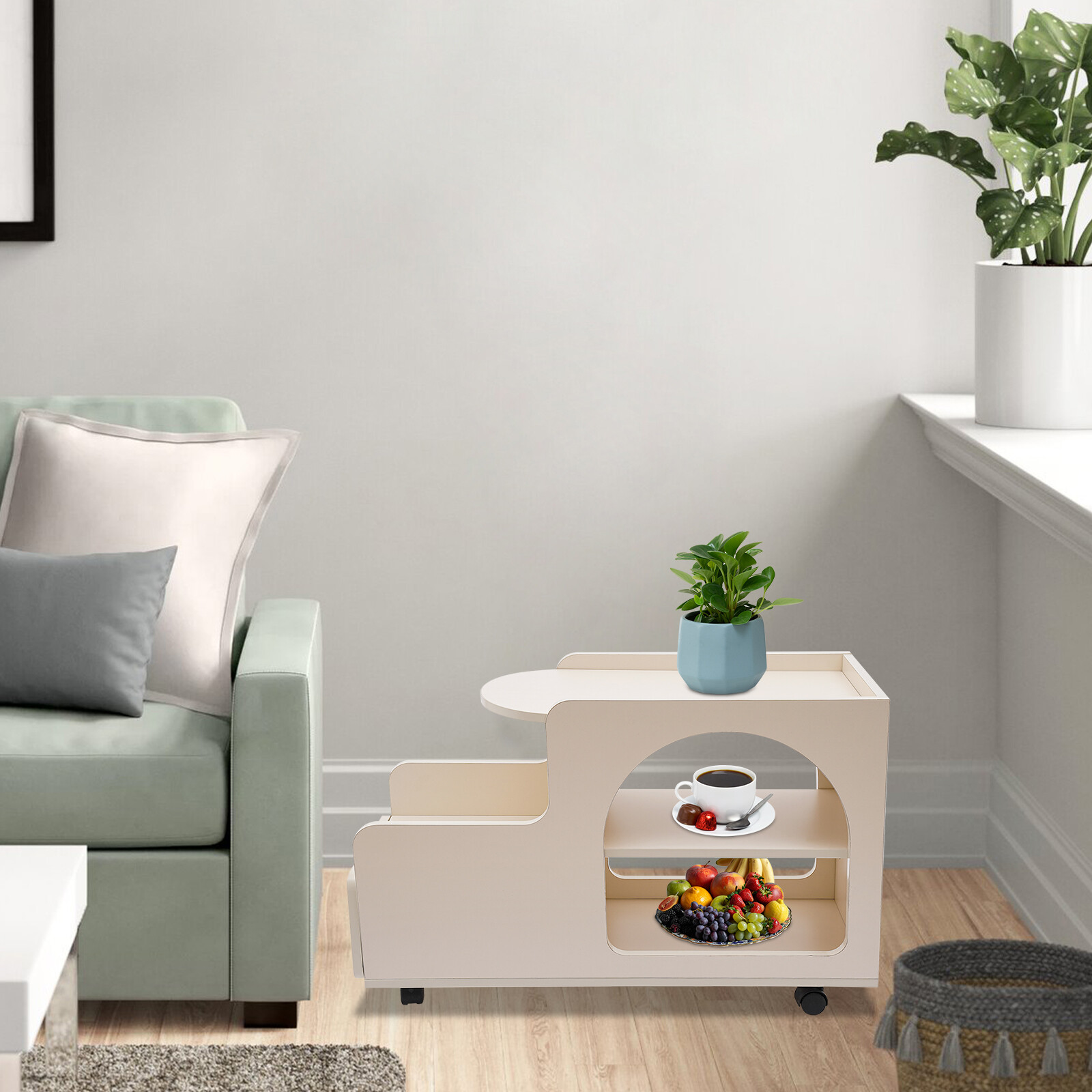 Mobile Trolley 3-Tier Sofa Side Table with Wheels Rolling Cart Storage Organizer
