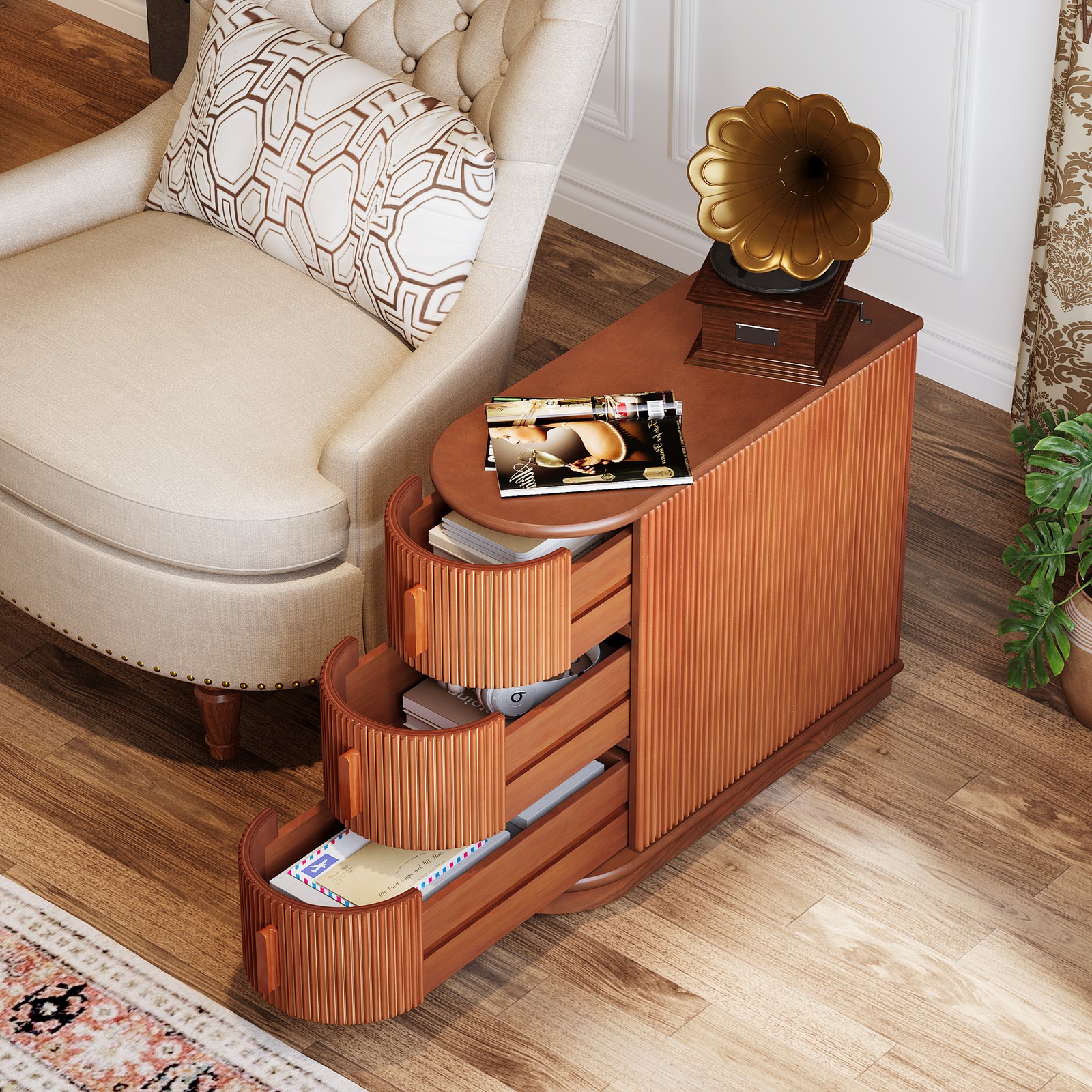 3-Drawer Wooden End Table, Modern Slim Sofa Side Table, No Assembly Required