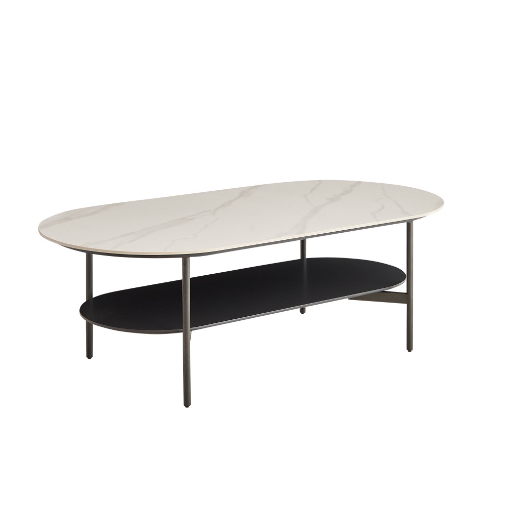 White Ceramic Coffee Table, MDF Painted Double Layer, Brown Bottom Shelf