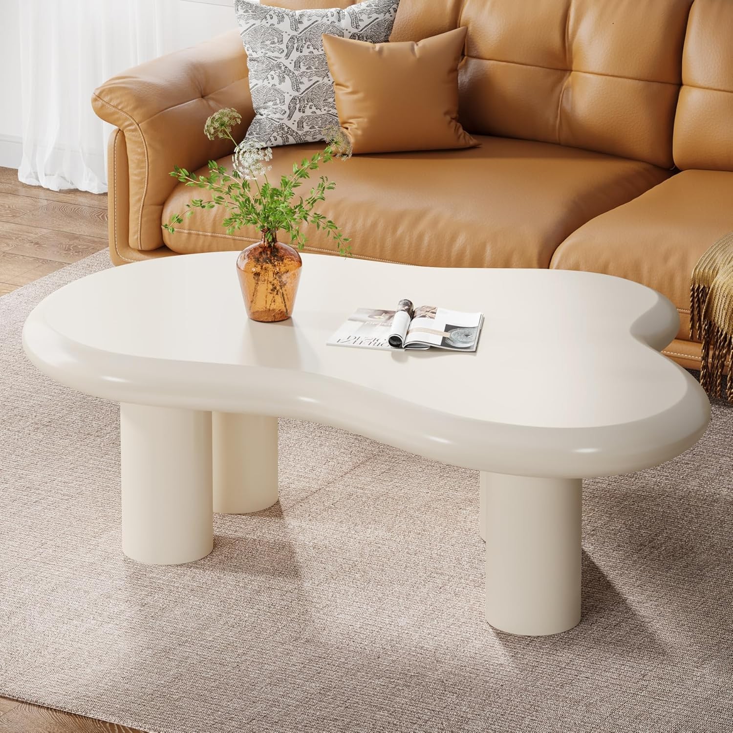 46″ White Cloud Coffee Table, Modern Irregular Center Tea Table for Living Room