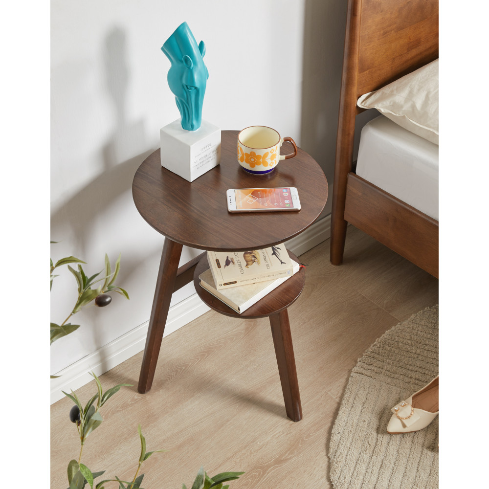 2-Tier Solid Wood Side Table, Round, Lower Shelf for Living Room Bedroom