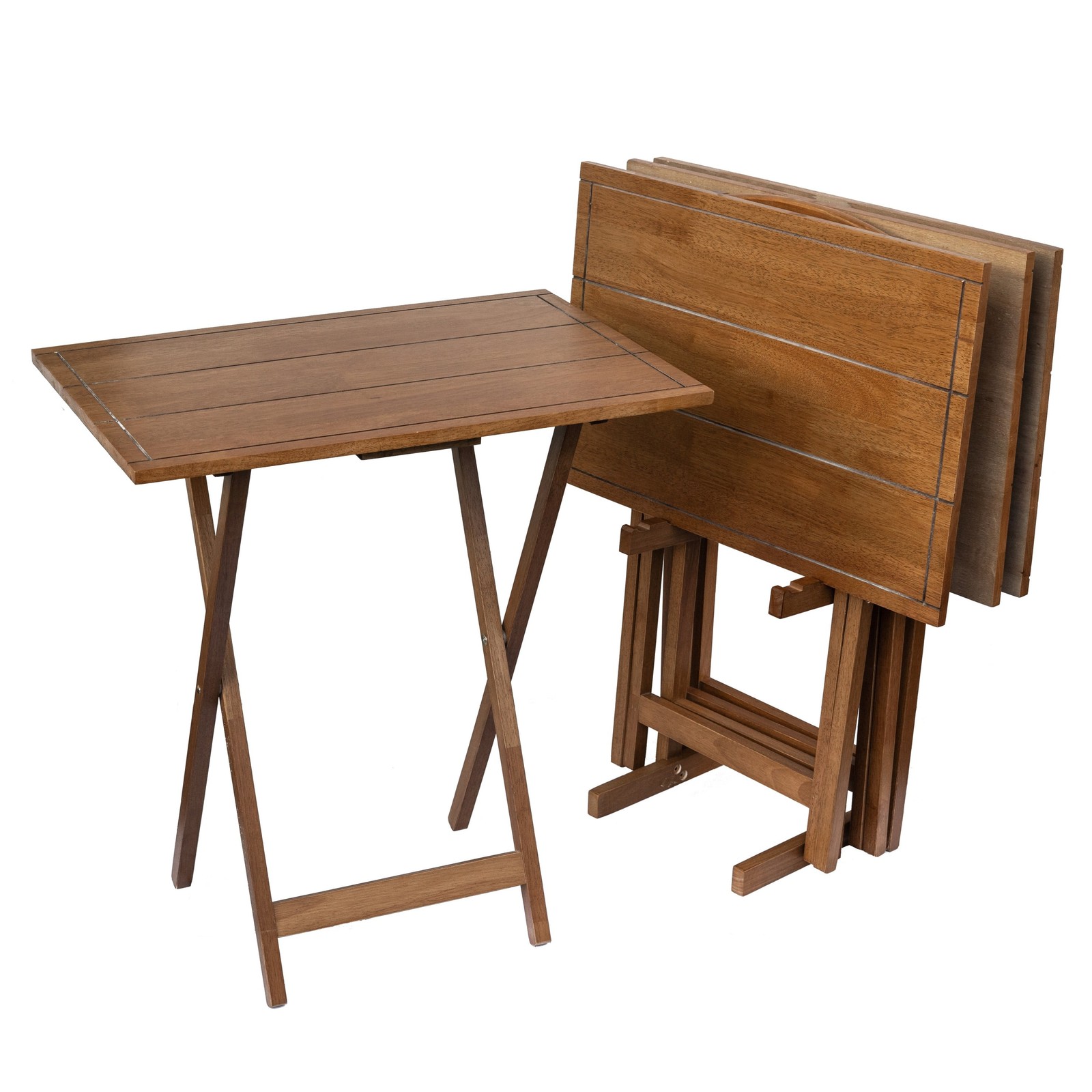 Mainstays XL Folding TV Tray Table Set Storage Rack Farmhouse Walnut, 4 Pack