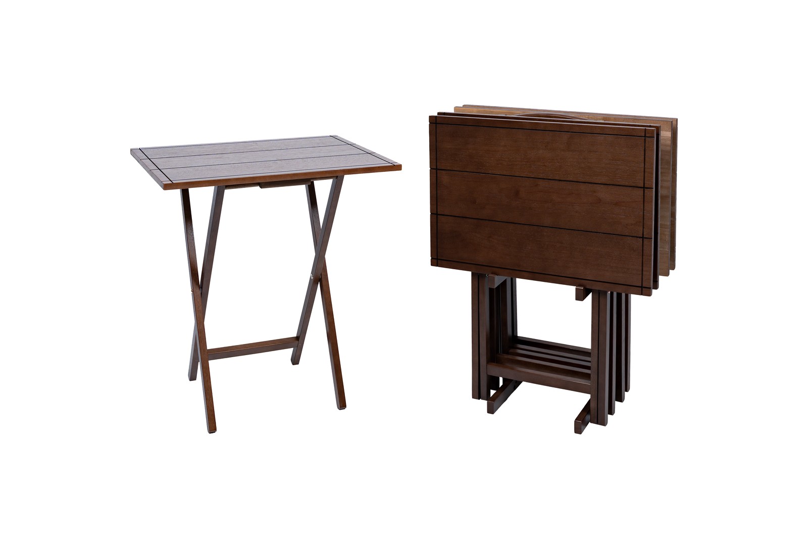 Mainstays XL Folding TV Tray Table Set Storage Rack Farmhouse Walnut, 4 Pack