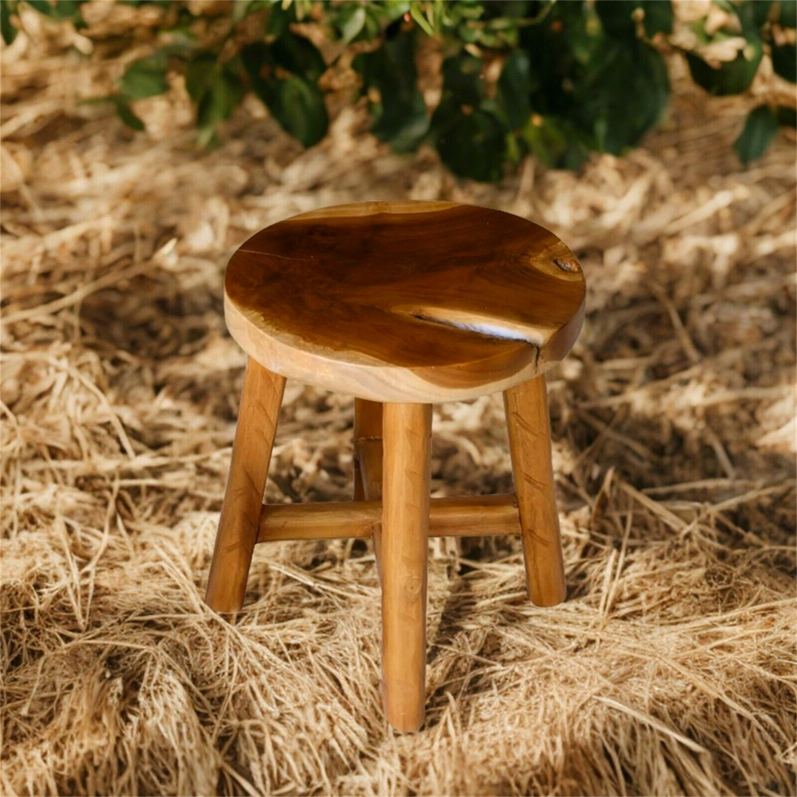 Rustic Teak Solid Wooden Stool Natural Round Side Table Bedside Table 19.5″ H