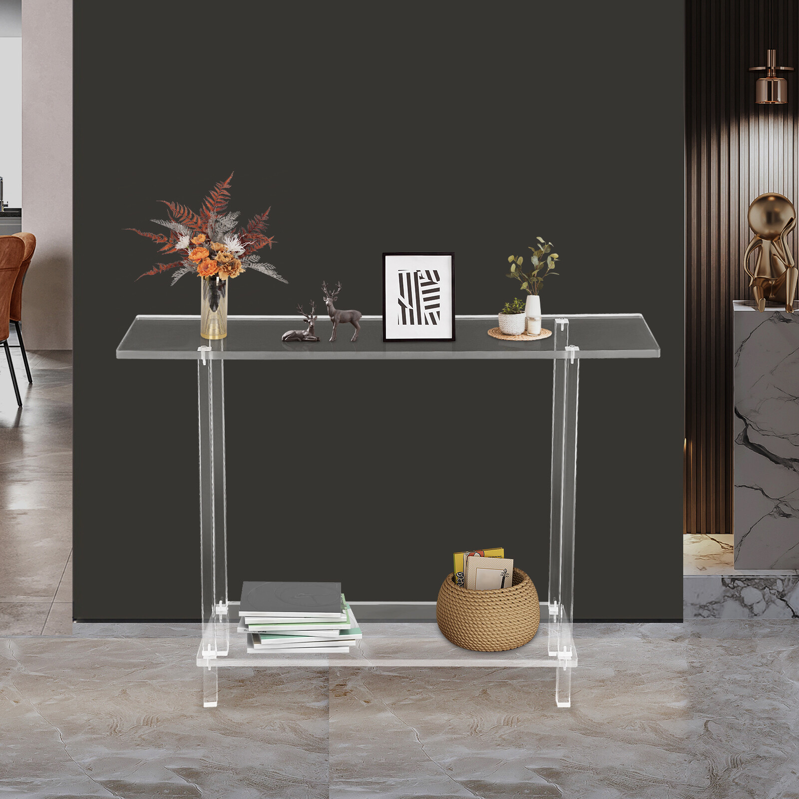 Acrylic Table Clear Entry Table Small Entryway Table W/ Open Shelves 100×80×20cm
