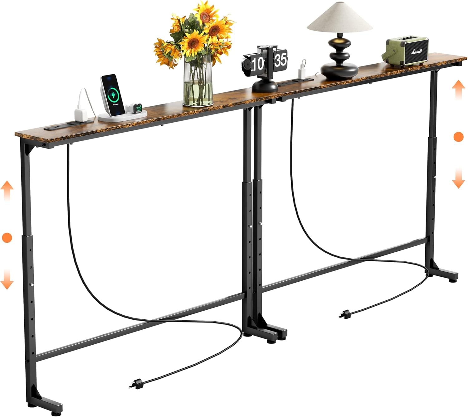 2 Pack Adjustable Height Narrow Console Table W/ Power Outlets 78.7″ Long Sofa