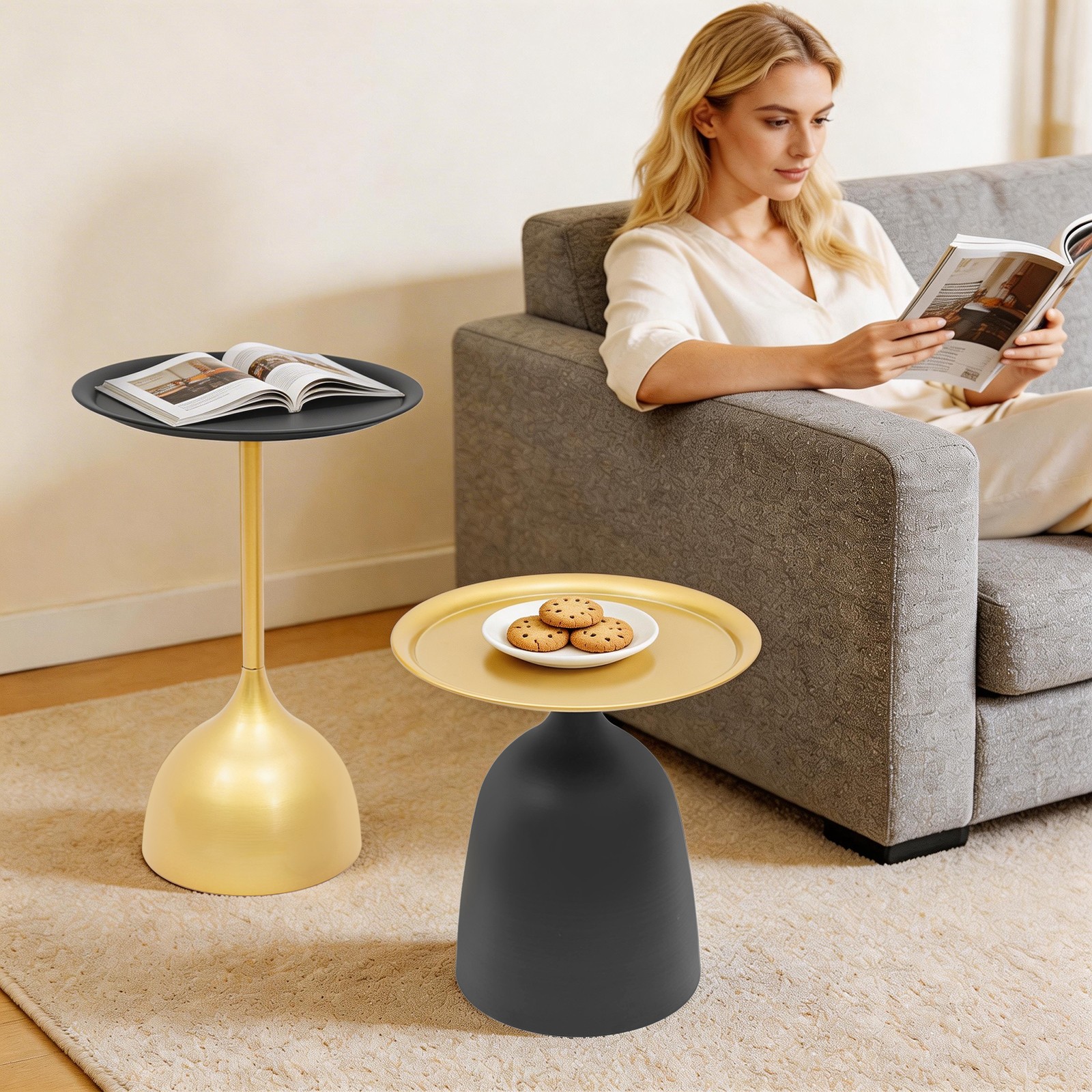 2PCs Round Iron Side Table 23.6 In &16.14 In End Tables W/ Raised Edges Load 4kg