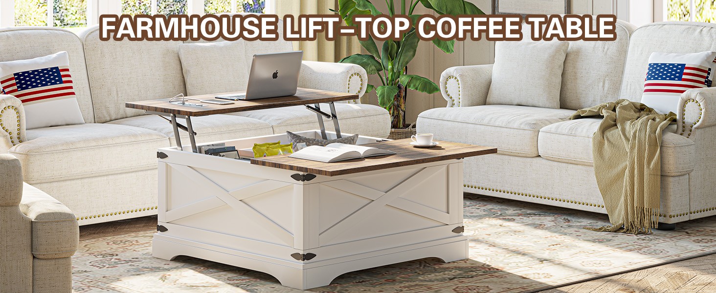 Lift Top Farmhouse Square Coffee Table with Built-in Charging Station & Storage