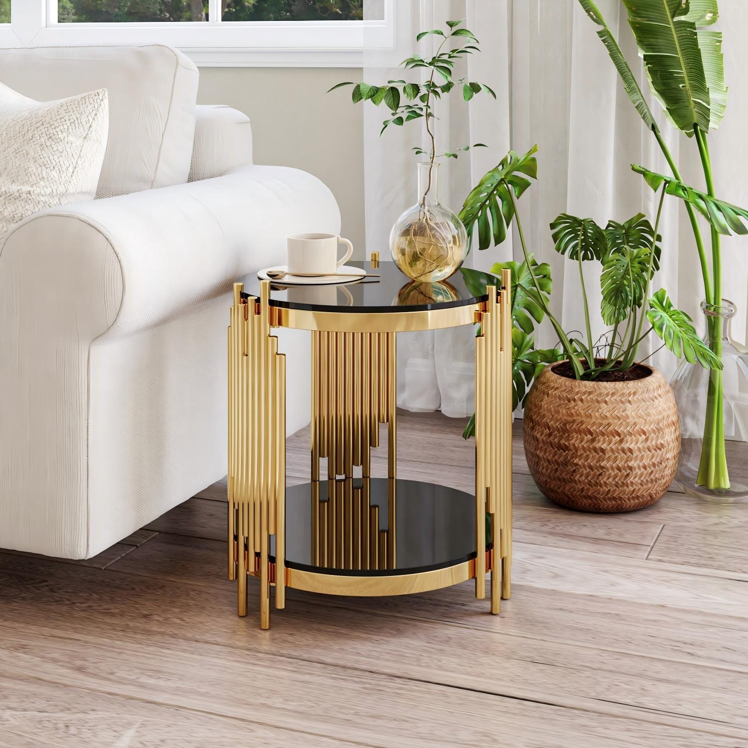 17.72″ Round Glass End Table Sofa Side Steel Coffee Table for Home Office, Black