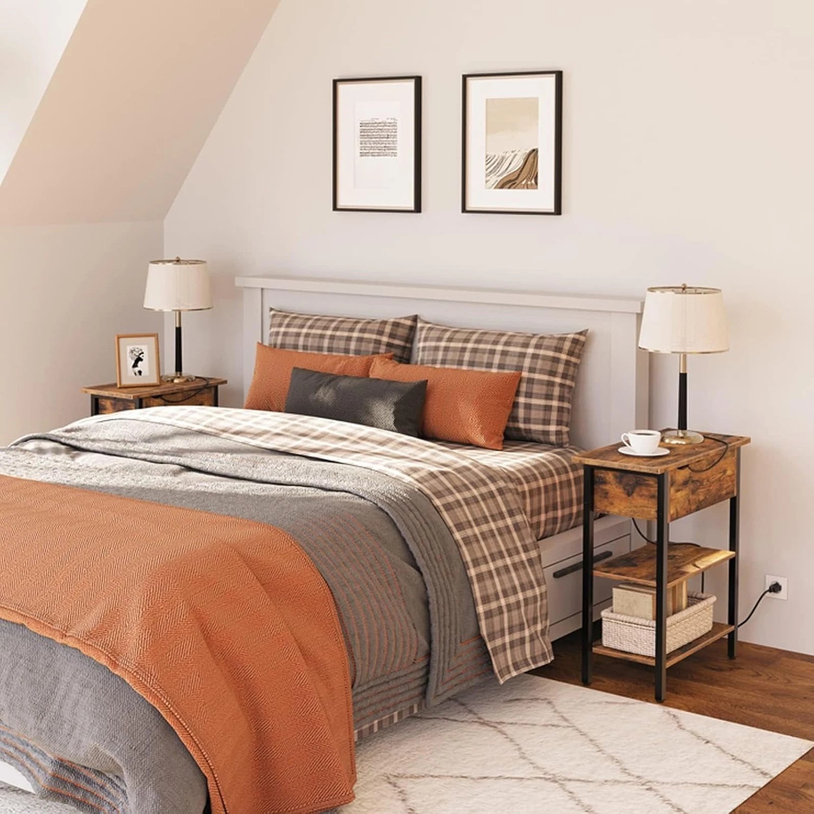 End Table with Charging Station, Narrow Nightstand, Flip Top with USB Ports