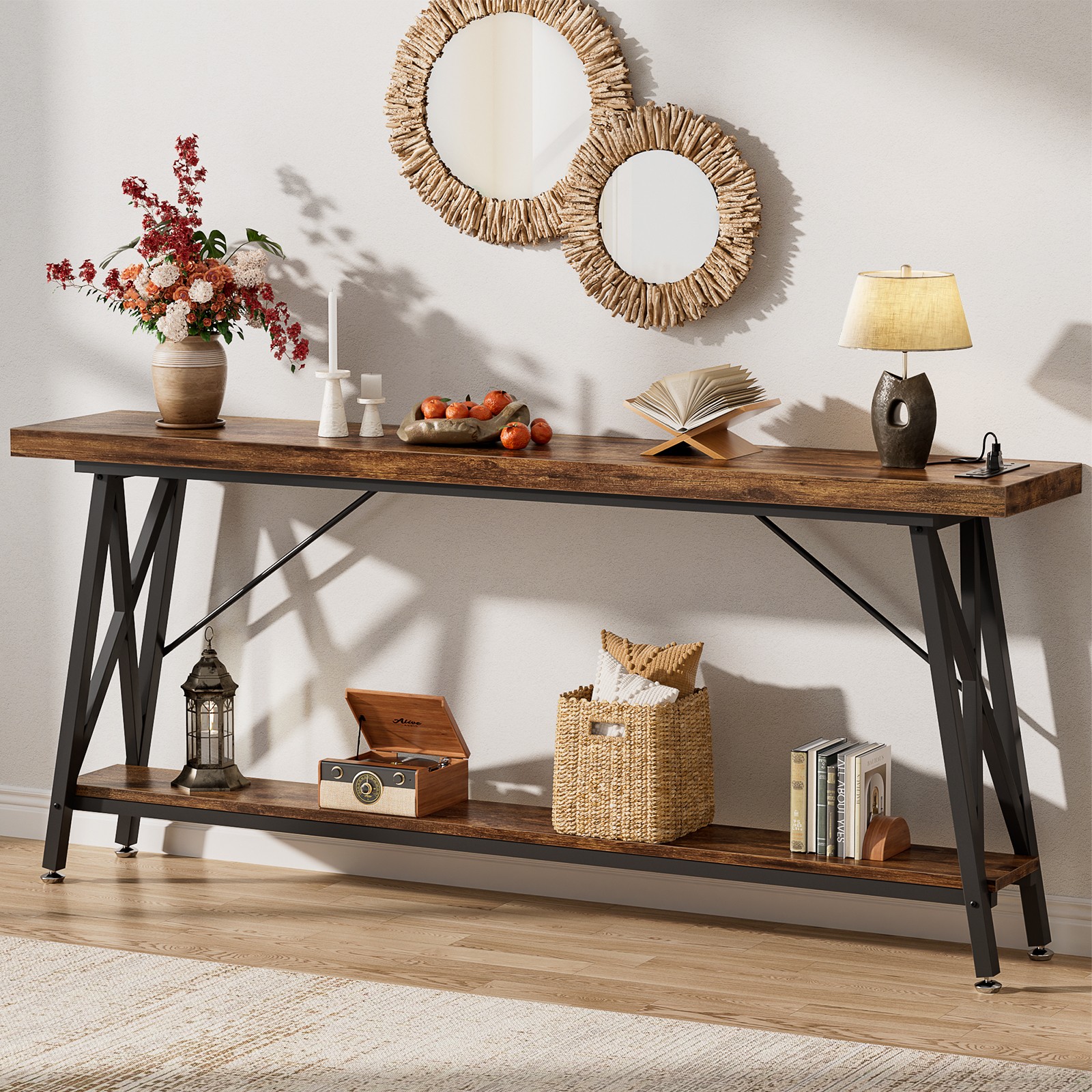 70.9” Extra Long Console Table Sofa Table with Charging Station & Storage Shelf
