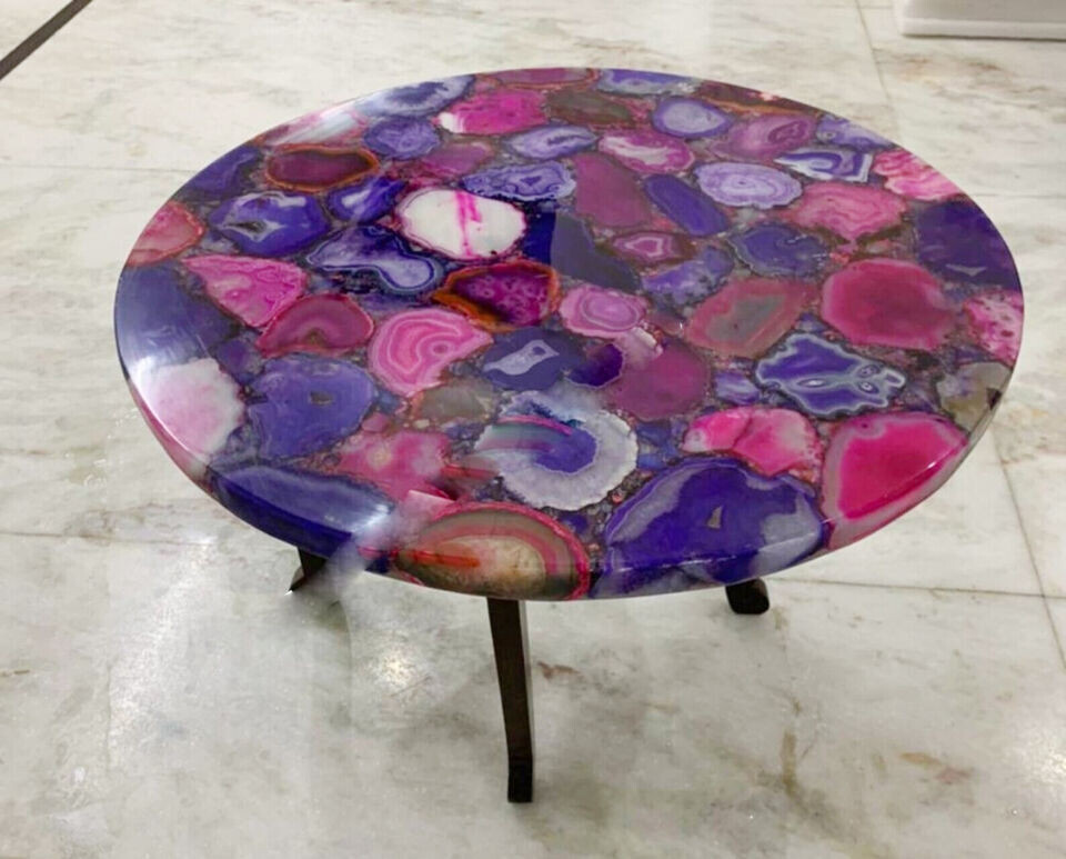 Purple & Pink Agate Stone Round Coffee Table Tops Handmade Restaurant Decor Gift