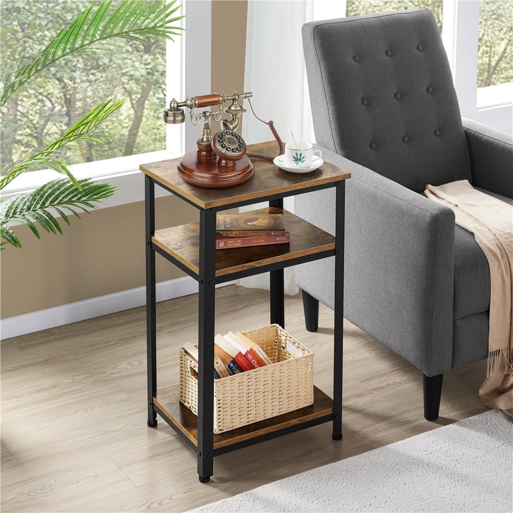 29.5 in H 3-Tier Wooden End Table with Metal Frame for Living Room, Rustic Brown