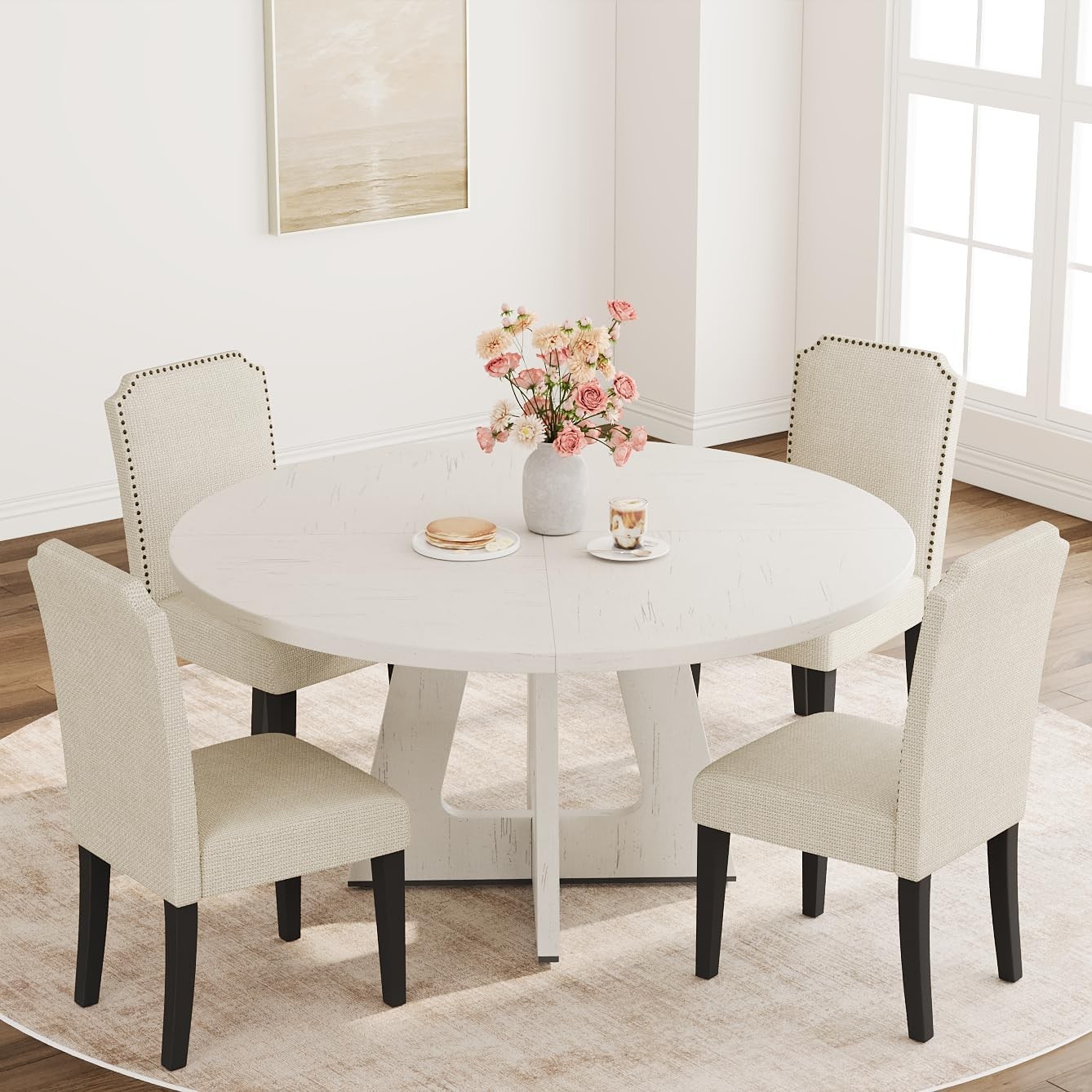 47 in Round Dining Table Set for 4 to 6 Person Wood Dinner Table with Wood Legs