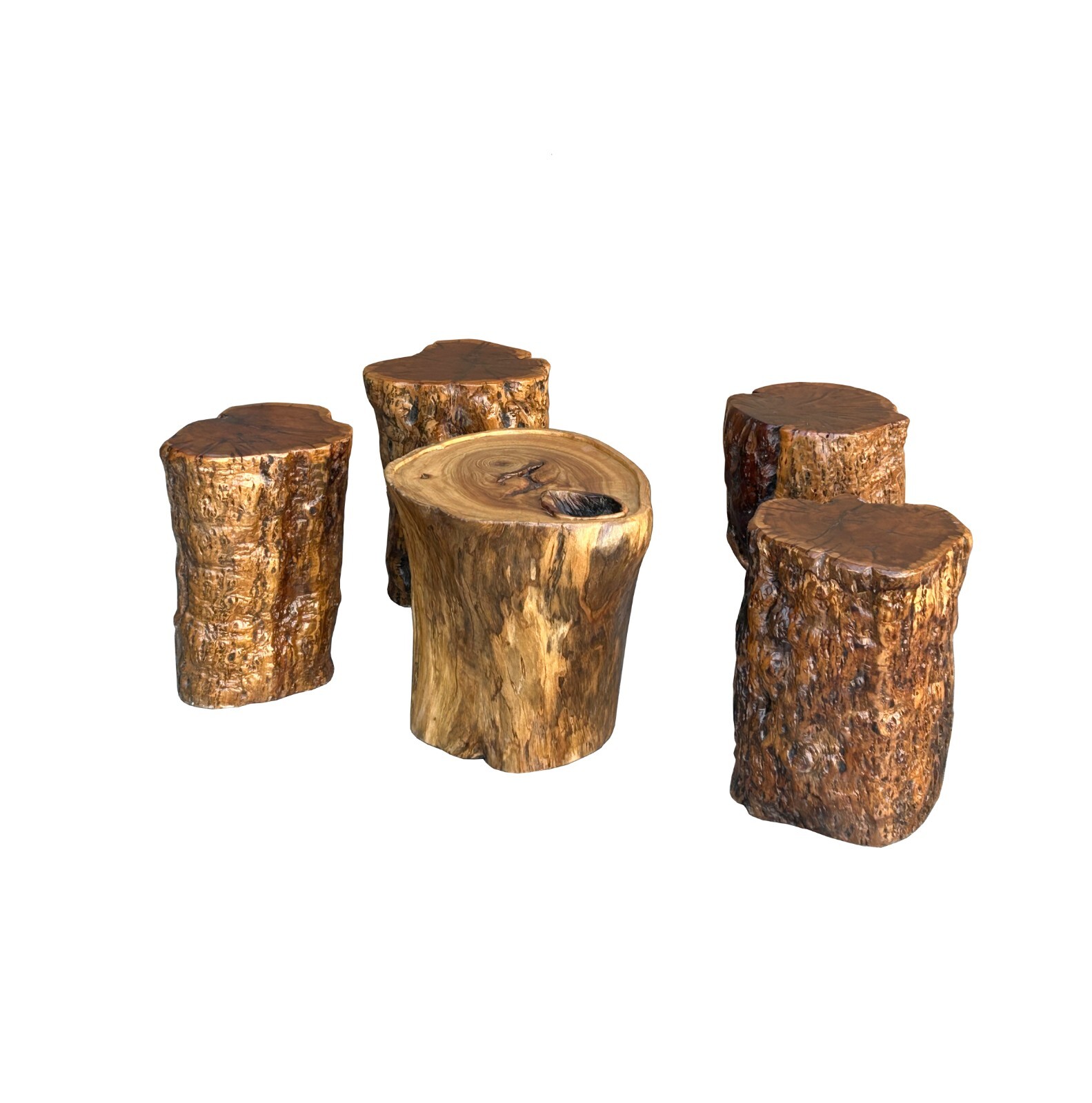 Set of 5 Raw Wood Rough Grain Finish Irregular Shape Short Stool Table ws4826