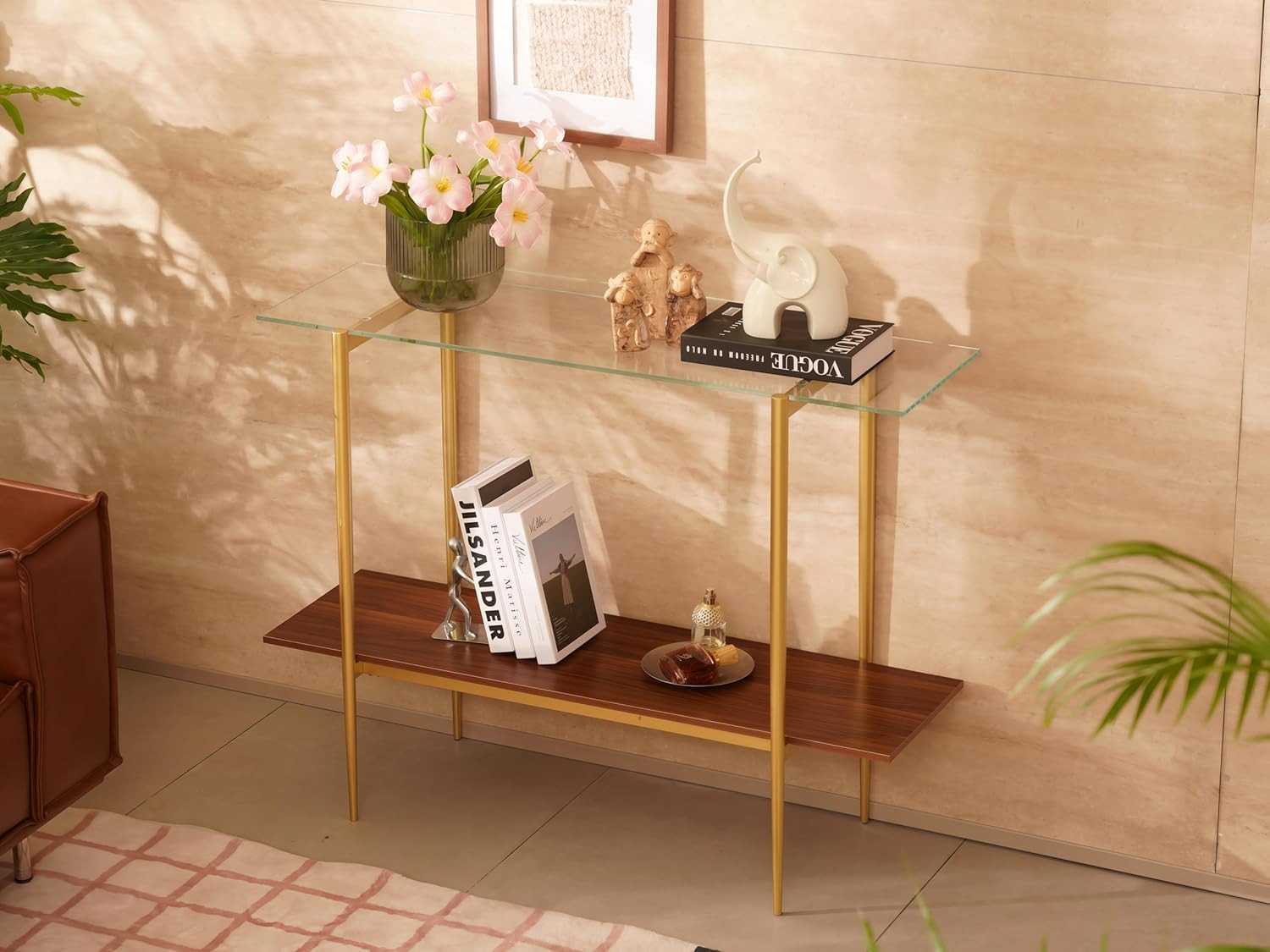 Mid-Century Modern Glass Console Table with Walnut Shelf & Gold Frame, 41