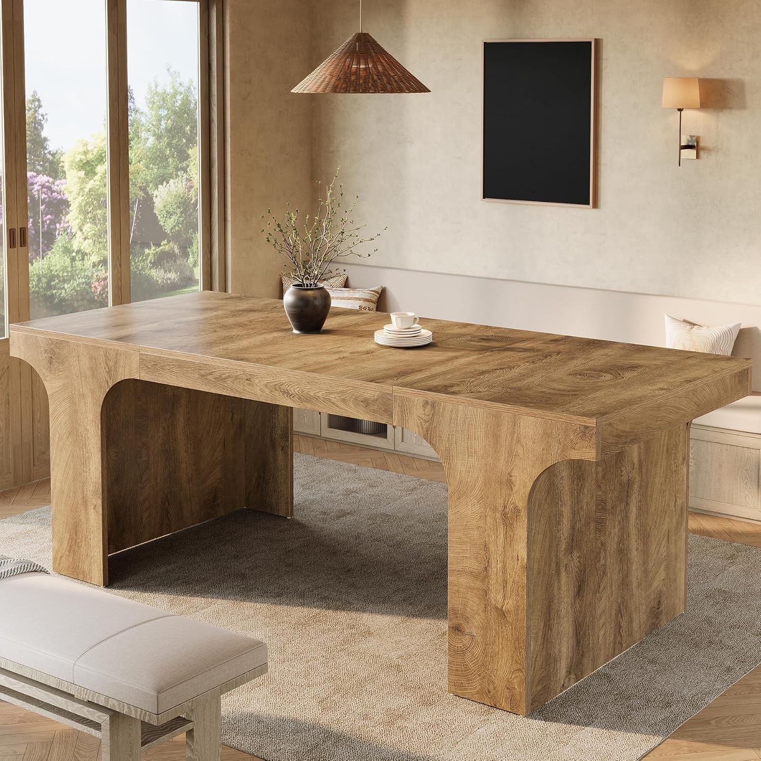 70.87” Large Dining Table for 6-8, Farmhouse Wooden Kitchen Table with Pedestal