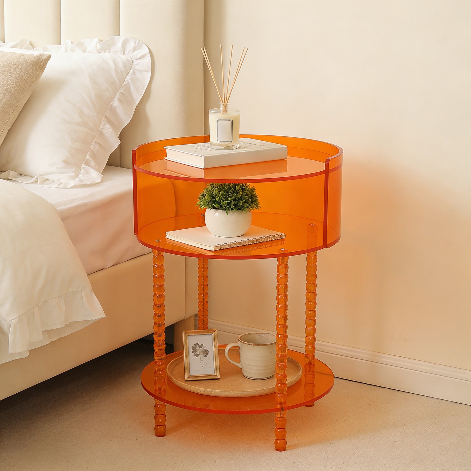 3-tier Round Acrylic Side Table 40*53cm Orange Acrylic End Table for Living Room