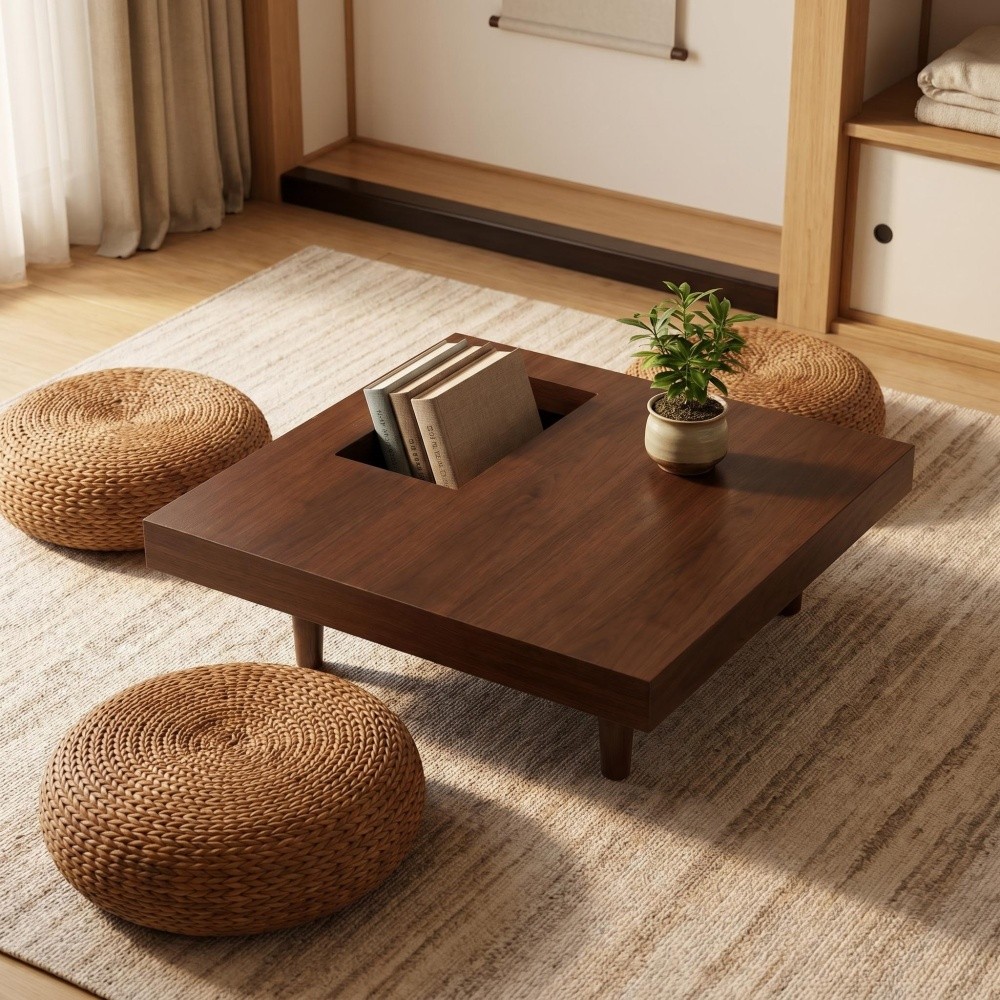 34.5″ Square Wooden Coffee Table with Storage, Walnut