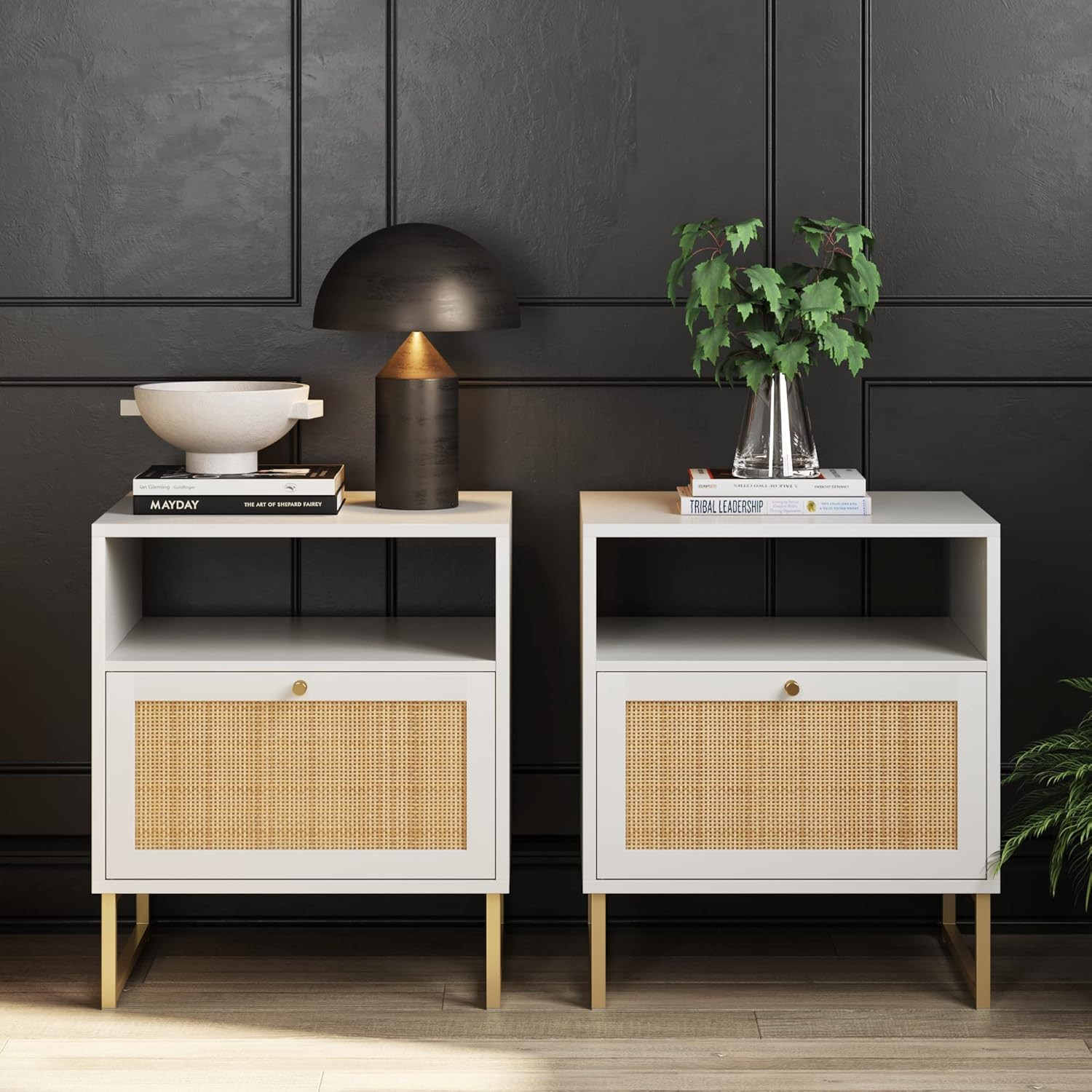 Mina Side, End or Accent Table in a Matte White Finish & Brass Gold Legs with Na