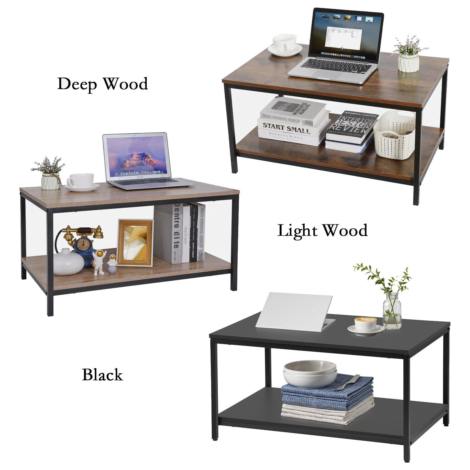 3 Colors Wood Coffee Table Shelf Storage Metal Feet Retro Style Home Office