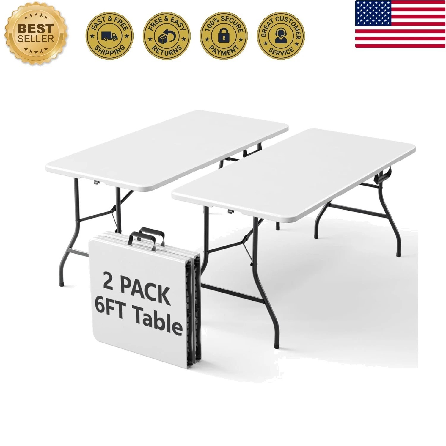 6ft Folding Tables – Durable Heavy Duty, Portable Solution for Events (2-Pack)