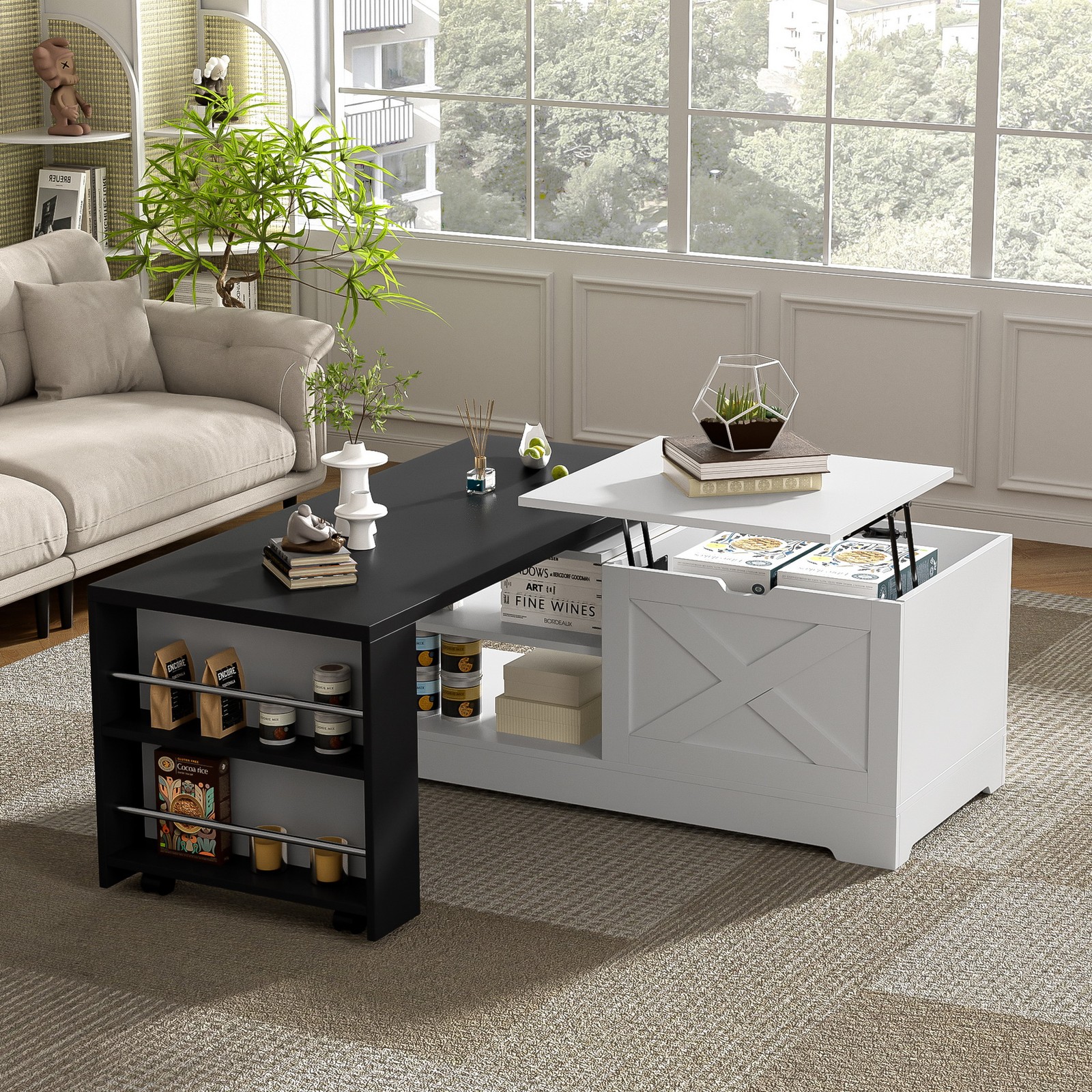 Lift Top Coffee Table Convertible L-Shape Centre Table Cabinet w Power Outlets