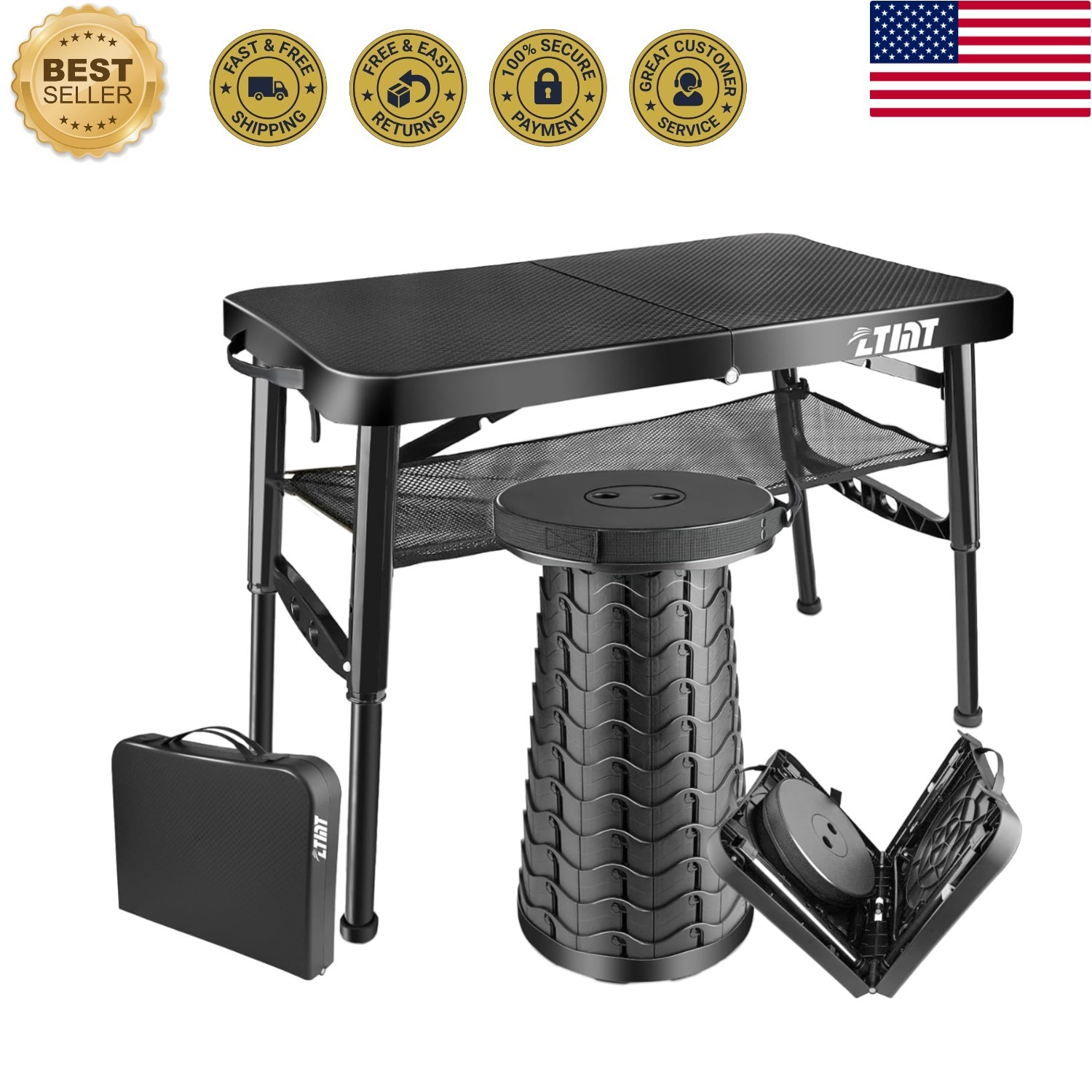 Modern Portable Folding Camping Table & Stool Set – Adjustable Height Comfort