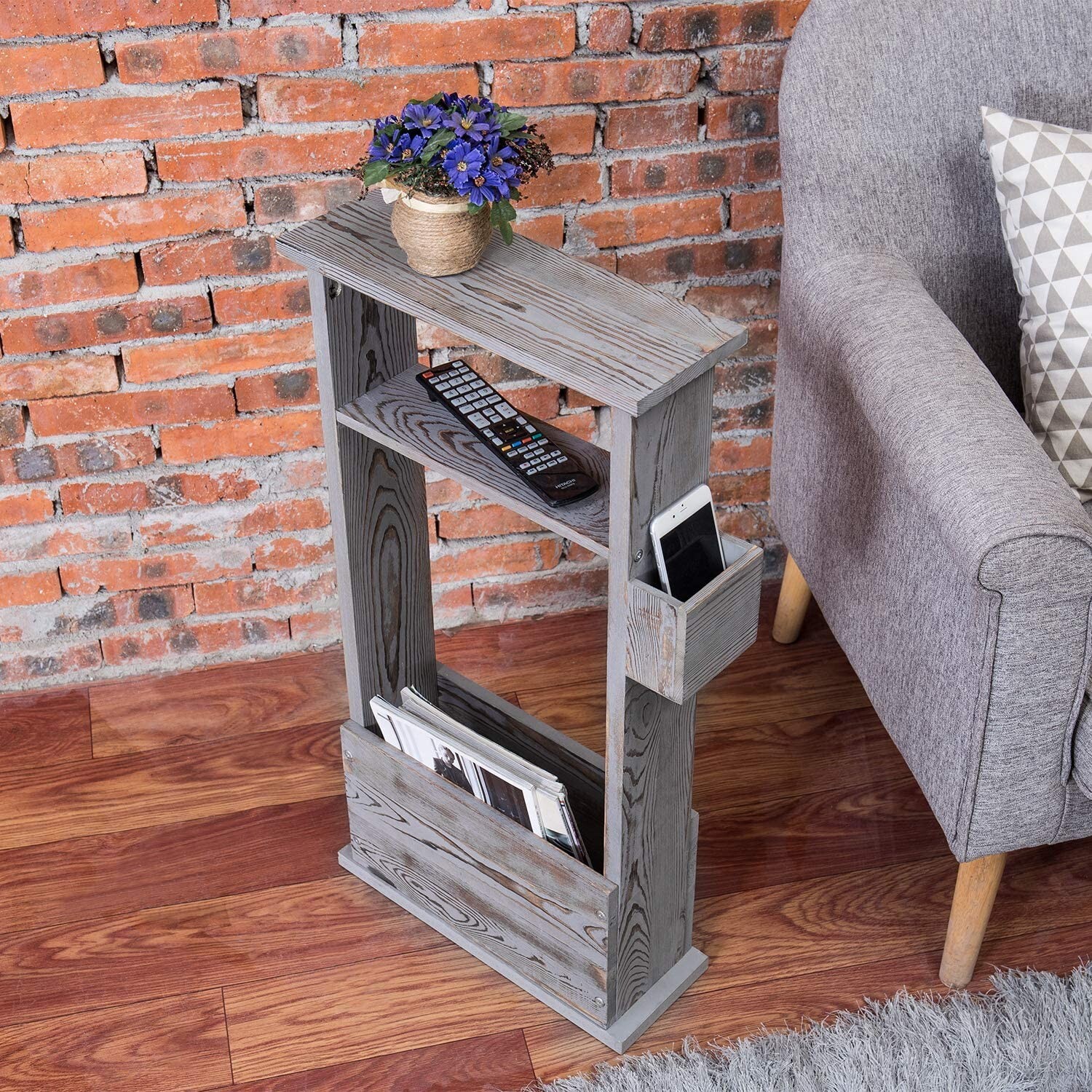 Vintage Grey Wood Side Table Magazine Holder, Solid Wood Floor Shelf End Table