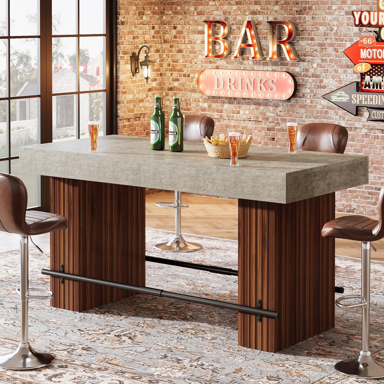 62.2 Inch Bar Height Rectangular Table with Metal Footrest Gray Cement Red Brown