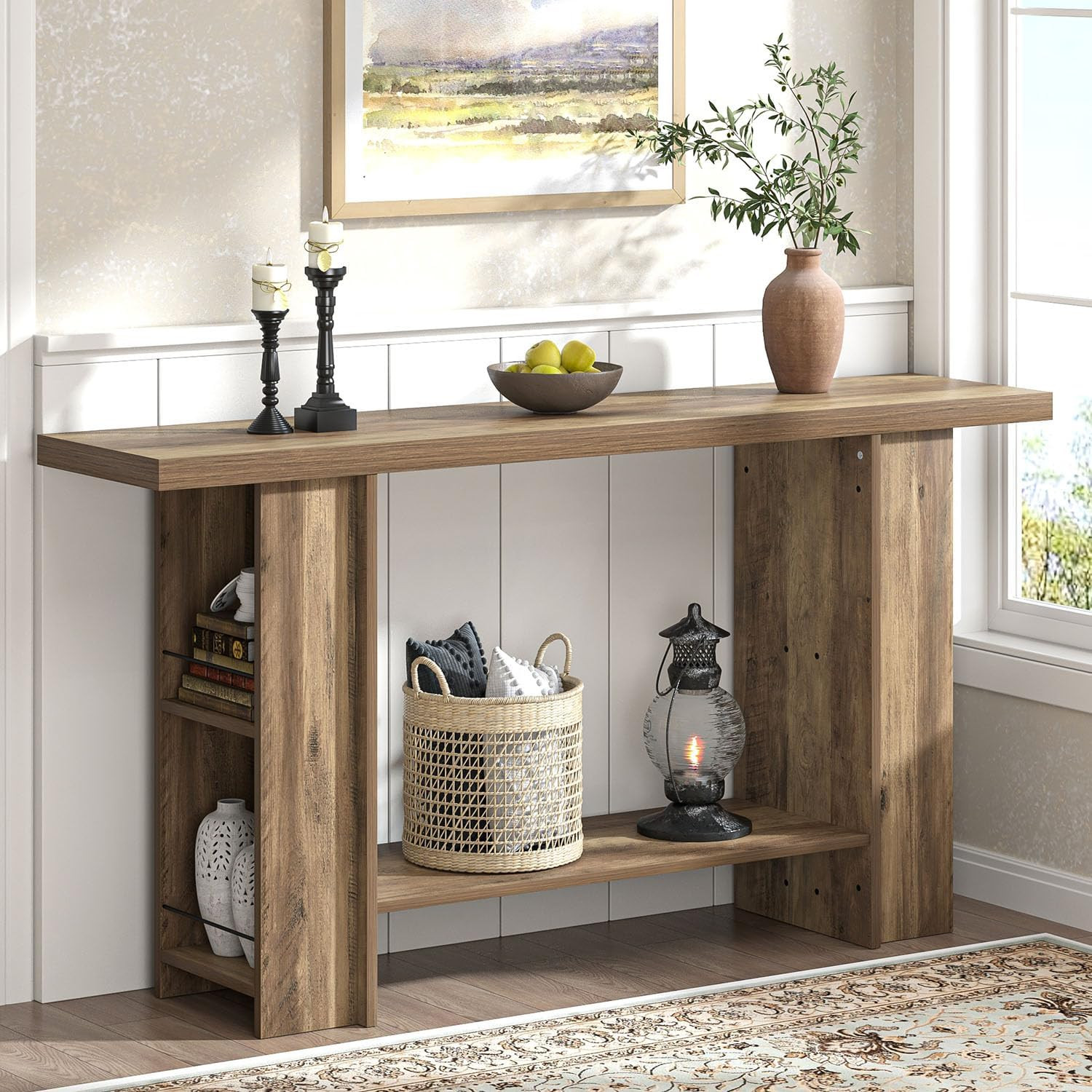 Rustic Oak 53″ Entryway Console Table with Storage Shelves for Home Decor