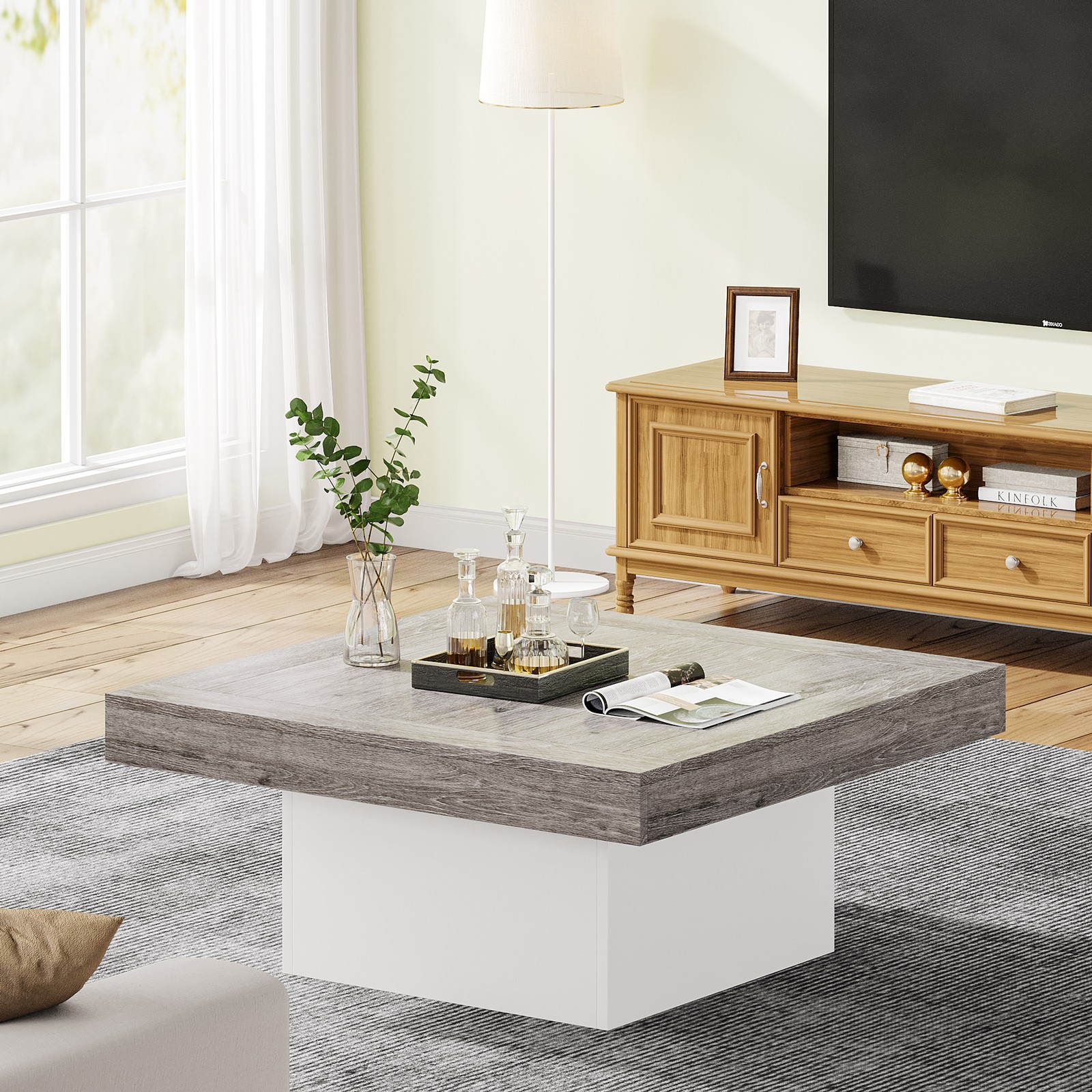 35″ Modern Square Coffee Table with Led Light, Wood Center Table for Living Room