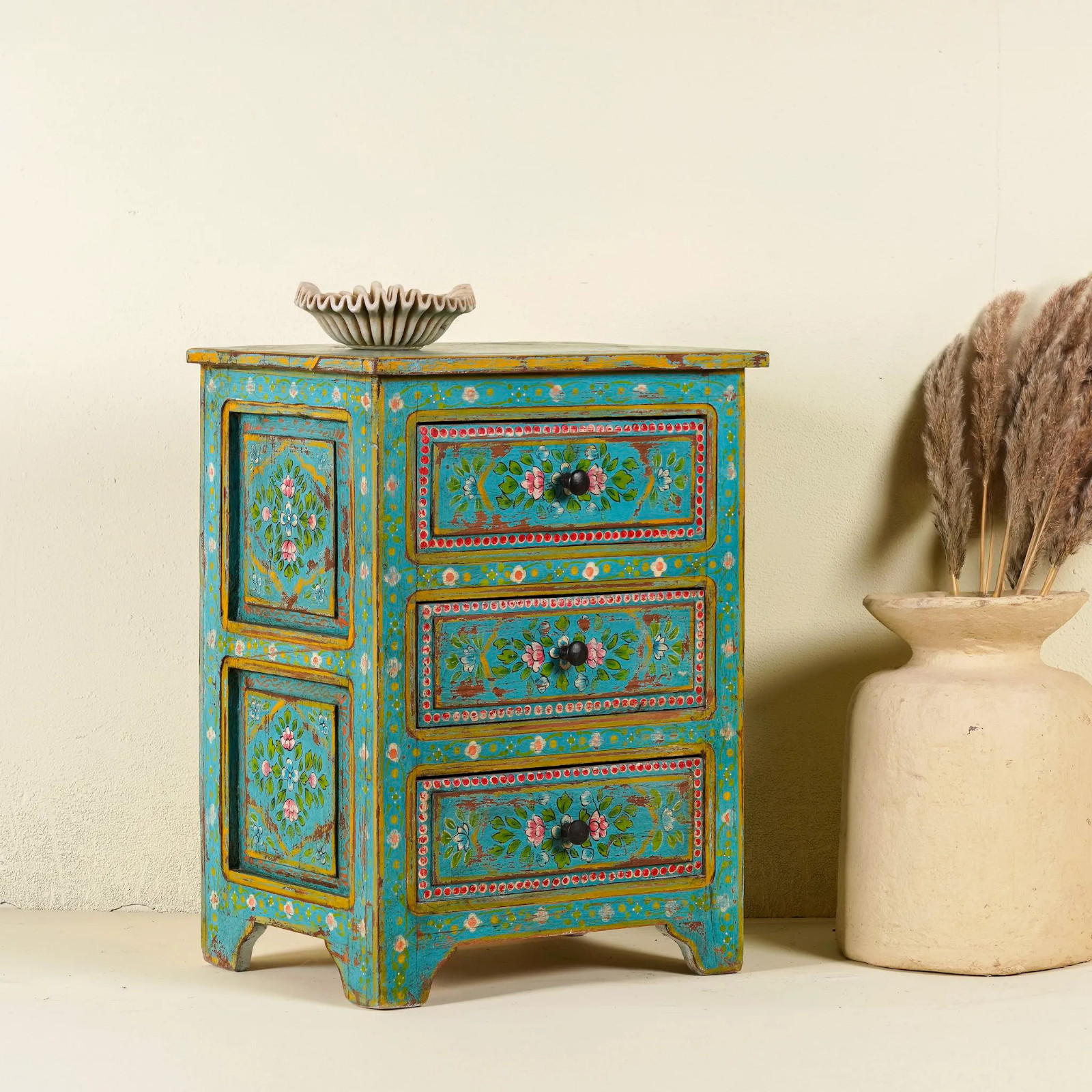 Artisan Handmade Bedside Table Solid Wood Hand Painted 20.1 × 15.7 × 27.6 inches